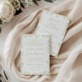 Convite Olive Floral Line Art Border All-in-one Wedding