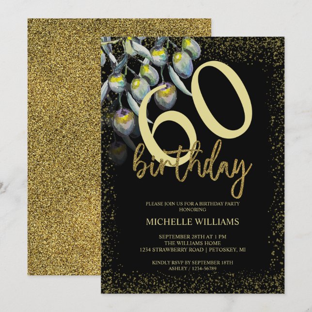 Convite Olive Glitter Dourado Caligrafia Aniversário (Frente/Verso)