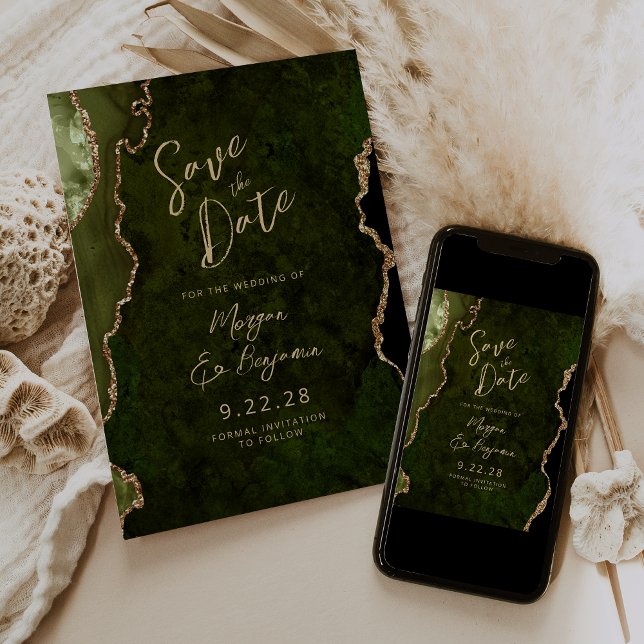 Convite Olive Green Agate Script Wedding Save the Date (Criador carregado)