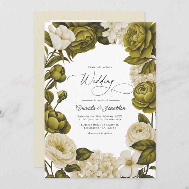 Convite Olive Green and Cream Watercolor Floral Wedding (Frente/Verso)