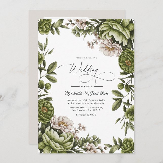 Convite Olive Green and Neutral Floral Wedding QR Code (Frente/Verso)