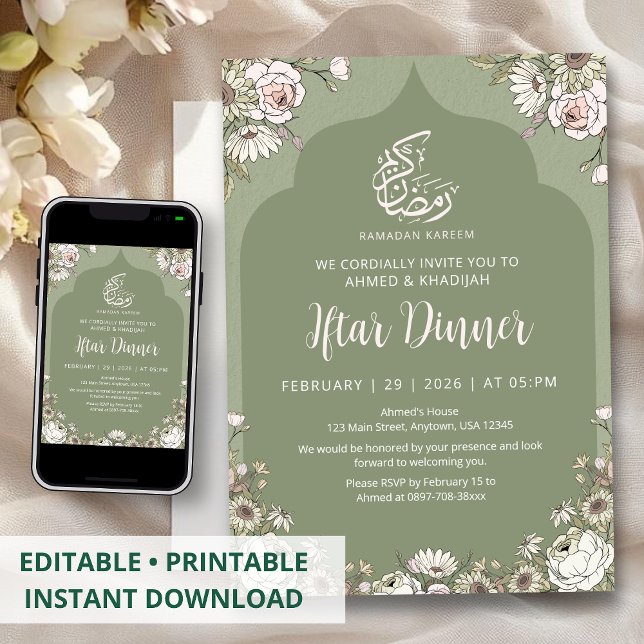 Convite Olive Green Botanical Islamic Arch Iftar Dinner (Criador carregado)