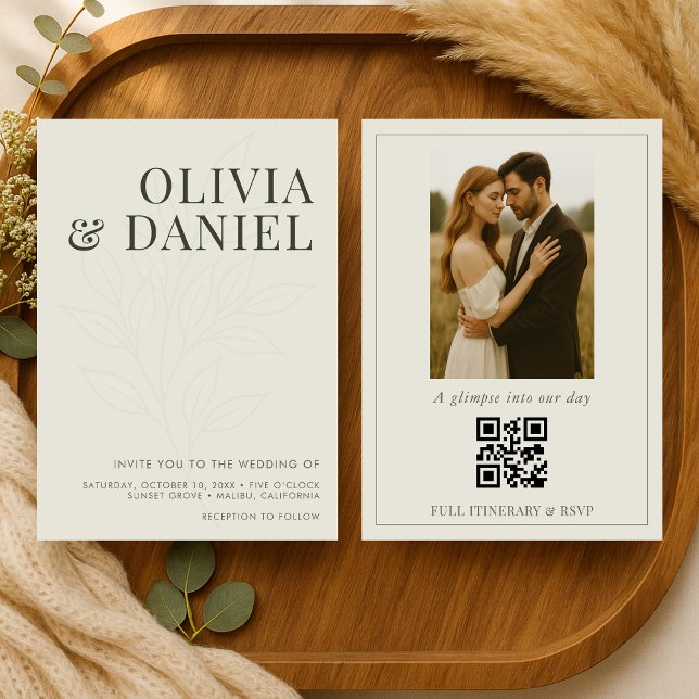 Convite Olive Green Botanical Photo QR Code Wedding (Criador carregado)