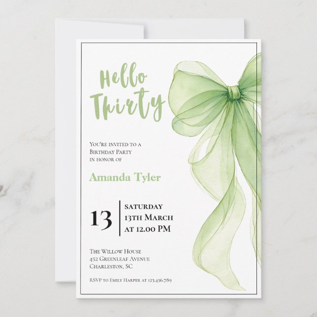 Convite Olive Green Bow 30th Birthday Invitation (Frente)