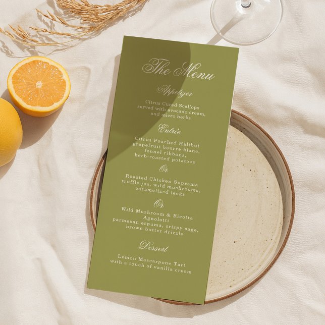 Convite Olive Green Calligraphy Wedding Long Menu Card (Criador carregado)
