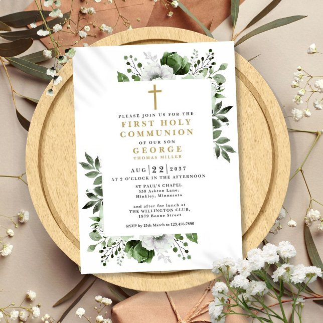Convite Olive Green Floral Modern Primeira Comunhão Sagrad (Olive Green Floral Modern First Holy Communion Invitation)