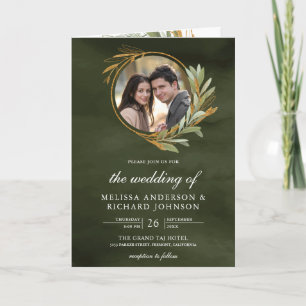 Convite Olive Green Gold Folhas Foto Código QR Casamento
