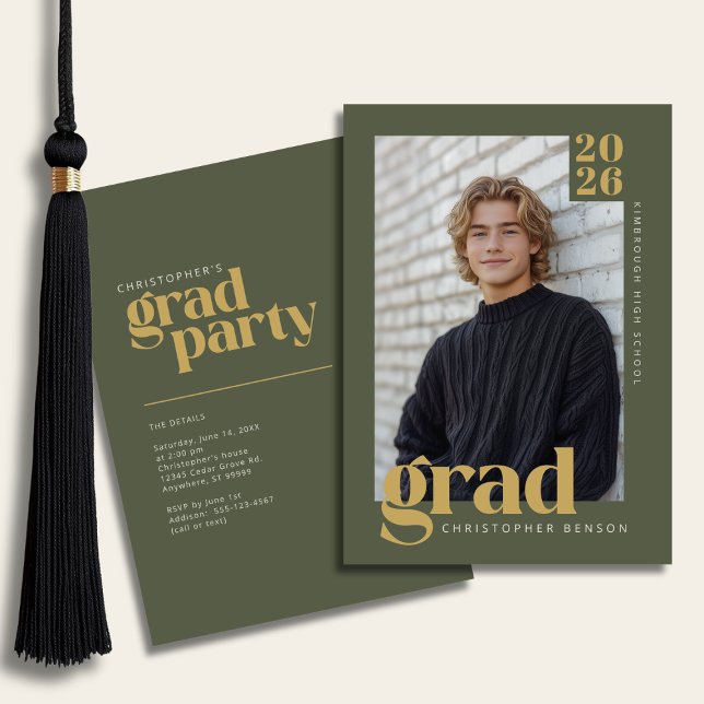 Convite Olive Green Gold Modern Photo Graduation Party (Criador carregado)