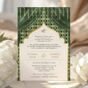 Convite Olive Green Gold Quatrefoil Código QR Casamento Si