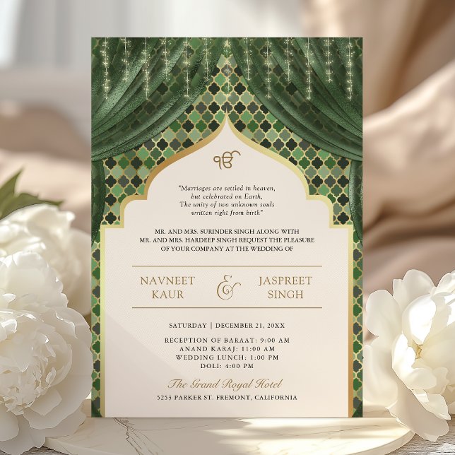 Convite Olive Green Gold Quatrefoil Código QR Casamento Si (Criador carregado)