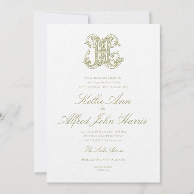 Convite Olive Green "H" Monogram Wedding Invitation (Frente)