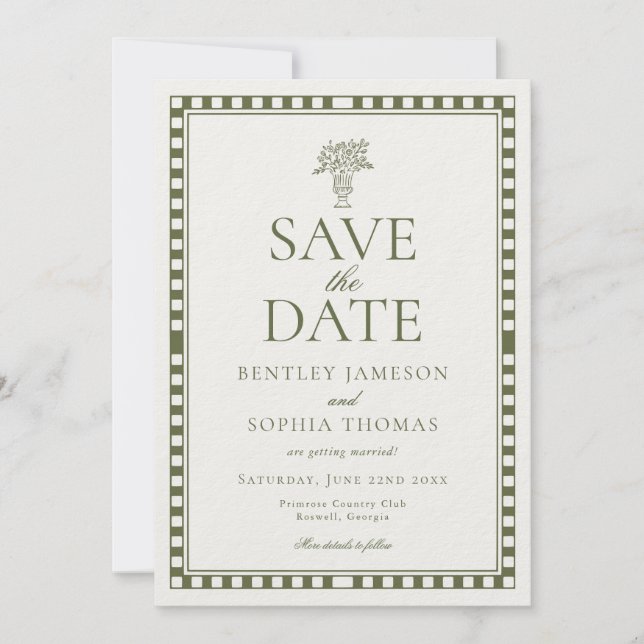 Convite Olive Green Harlequin Checkered Save the Date (Frente)