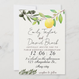 Convite olive green leaf branch and Lemon wedding