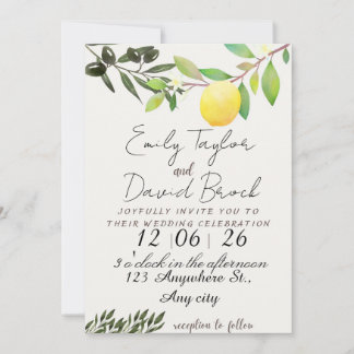 Convite olive green leaf branch and Lemon wedding