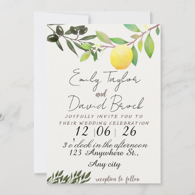 Convite olive green leaf branch and Lemon wedding (Frente)