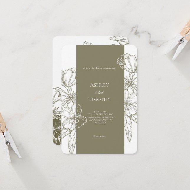 Convite Olive Green Minimalist Floral Wedding Invitation (Frente/Verso In Situ)