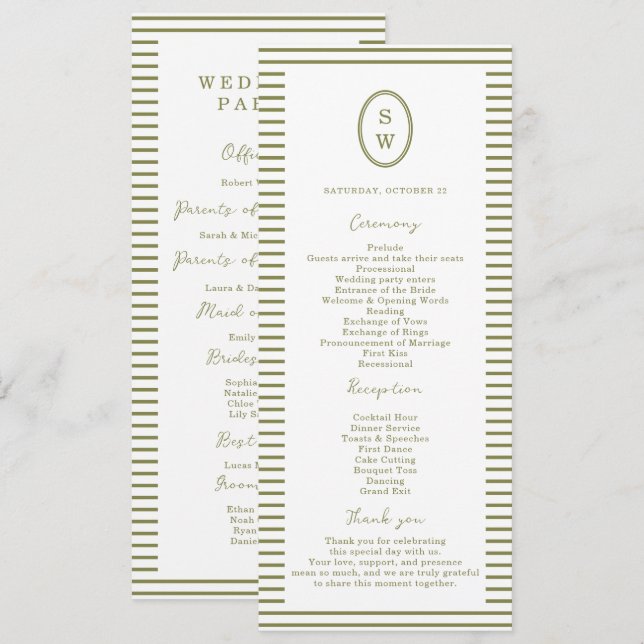 Convite Olive Green Modern Wedding Program Card (Frente/Verso)