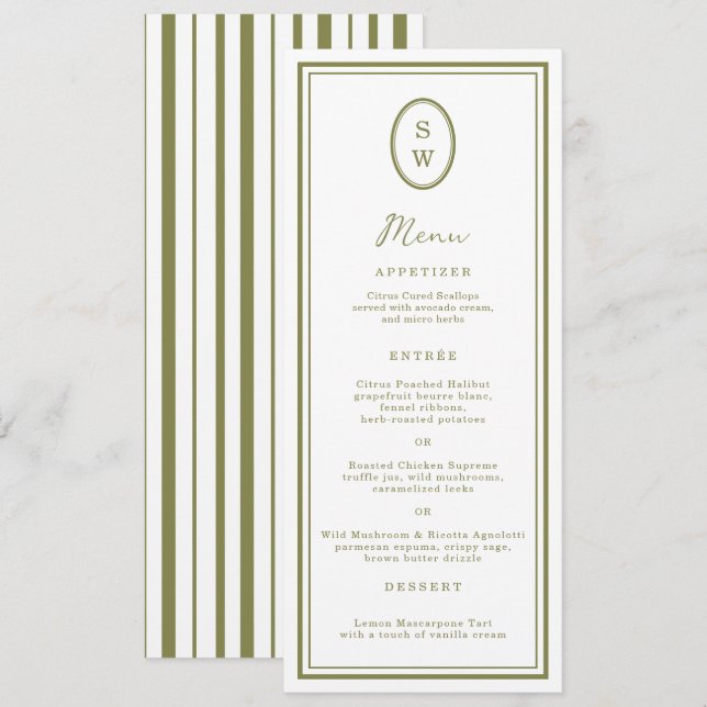 Convite Olive Green Monogram Long Wedding Menu Card (Frente/Verso)