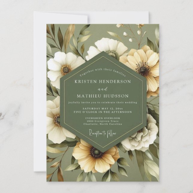 Convite Olive Green Serene Bloom Wedding (Frente)