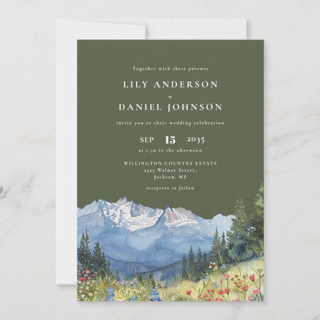 Convite Olive Green Watercolor Mountain QR Code Wedding (Frente)