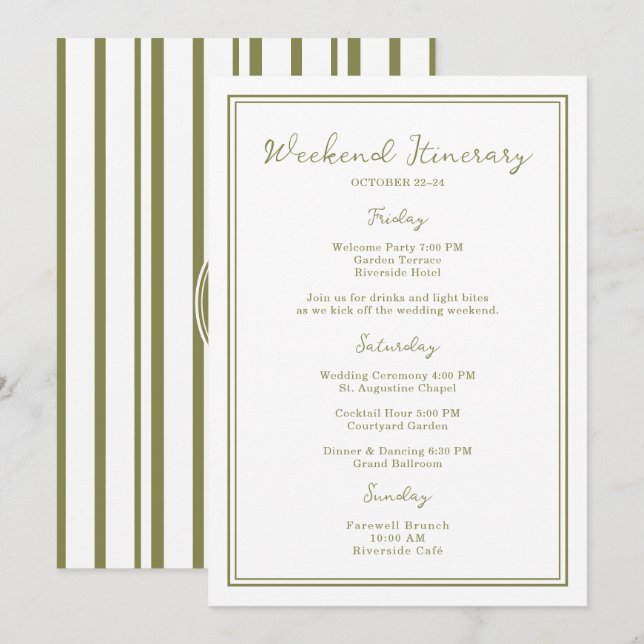 Convite Olive Green Wedding Weekend Itinerary Card (Frente/Verso)