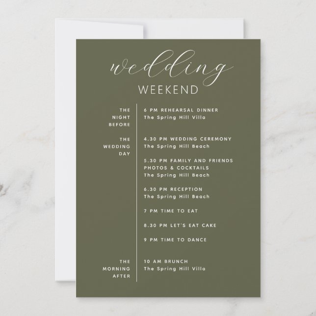 Convite Olive Green Wedding Weekend Timeline & Welcome (Verso)