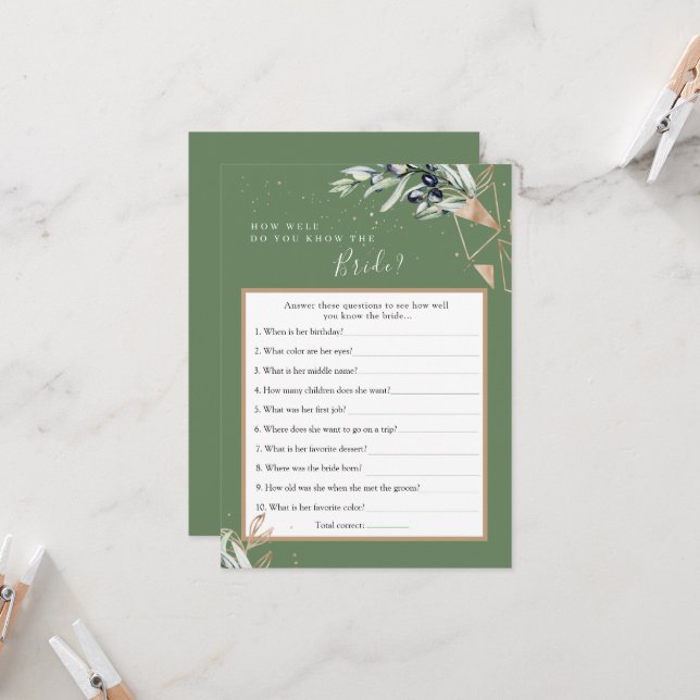 Convite Olive Greenery que conhece o melhor jogo da noiva (Frente/Verso In Situ)