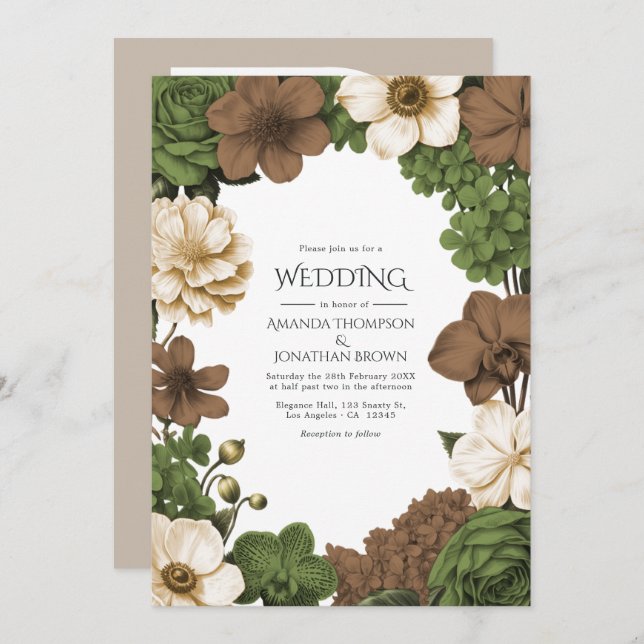 Convite Olive Grove, Figwood Brown & Warm Linen Wedding (Frente/Verso)