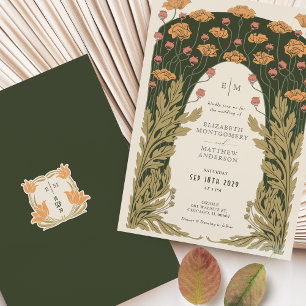 Convite Olive & Laranja Casamento Vintage Arte Nova Floral