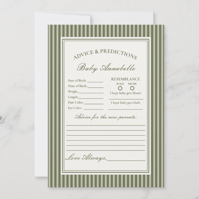 Convite Olive Martini Striped Green Advice for Baby Card (Frente)