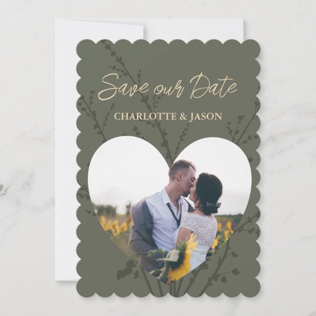 Convite Olive Moderno Quadro de Foto Coração Salvar Data   (Frente)