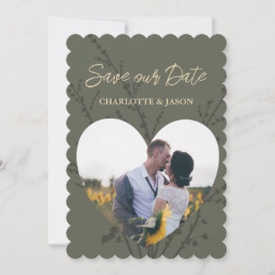 Convite Olive Moderno Quadro de Foto Coração Salvar Data  