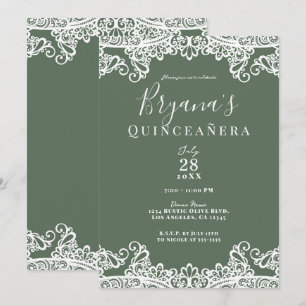 Convite Olive Rústica e Renda Branca Elegante Quinceañera