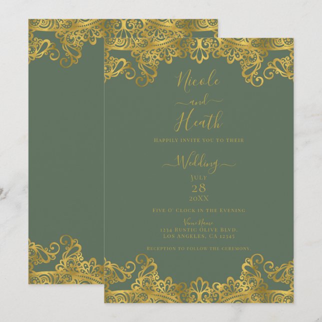Convite Olive Rústico e Renda Dourada Casamento Elegante (Frente/Verso)