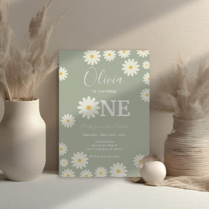 Convite Olive Sage Retro Daisy Floral primeiro aniversario