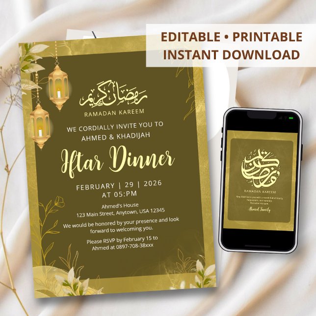 Convite Olive Verde e Dourado Botânico Ramadan Iftar  (Criador carregado)