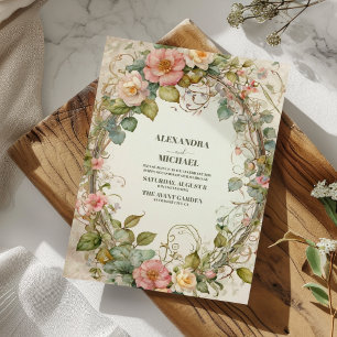 Convite Olive Verde Rosa Floral Art Nouveau Casamento