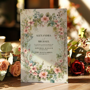 Convite Olive Verde Rosa Floral Art Nouveau Casamento