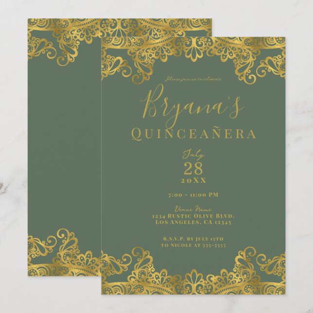 Convite Oliveira Rústica & Renda Dourada Elegante Quinceañ (Frente/Verso)