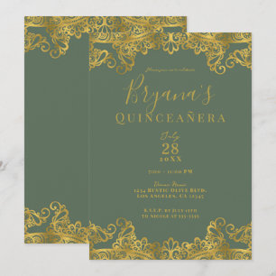 Convite Oliveira Rústica & Renda Dourada Elegante Quinceañ