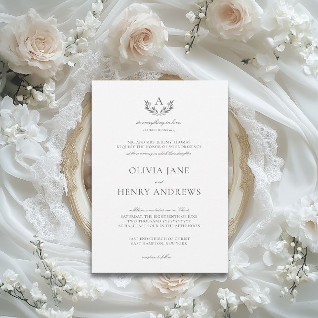 Convite Olivia Elegant Cinza Monograma Casamento Cristão (The Olivia elegant wedding invitation gives you that gorgeous, fine art wedding look for less.)