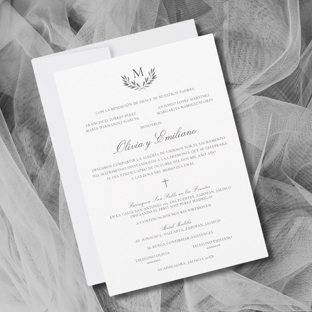 Convite Olivia Invitacion de Boda Catolica Wedding (Elegante invitación de boda católica en español en paleta de colores grises)