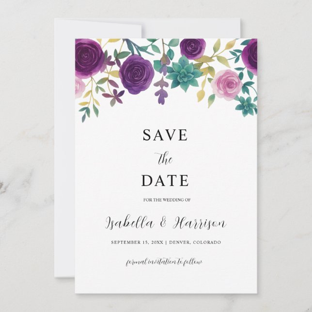 Convite OLIVIA | Purple Floral Save the Date Template (Frente)
