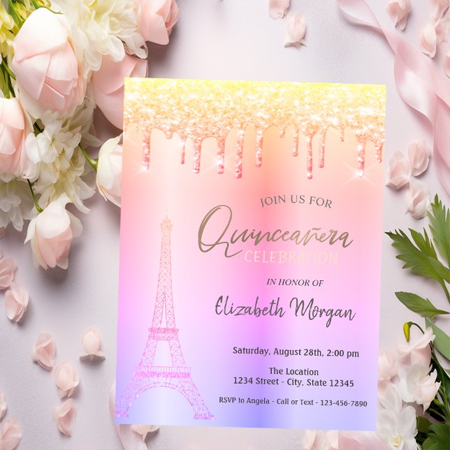 Convite Ombre Drips, Torre Eiffel Quinceañera (Criador carregado)