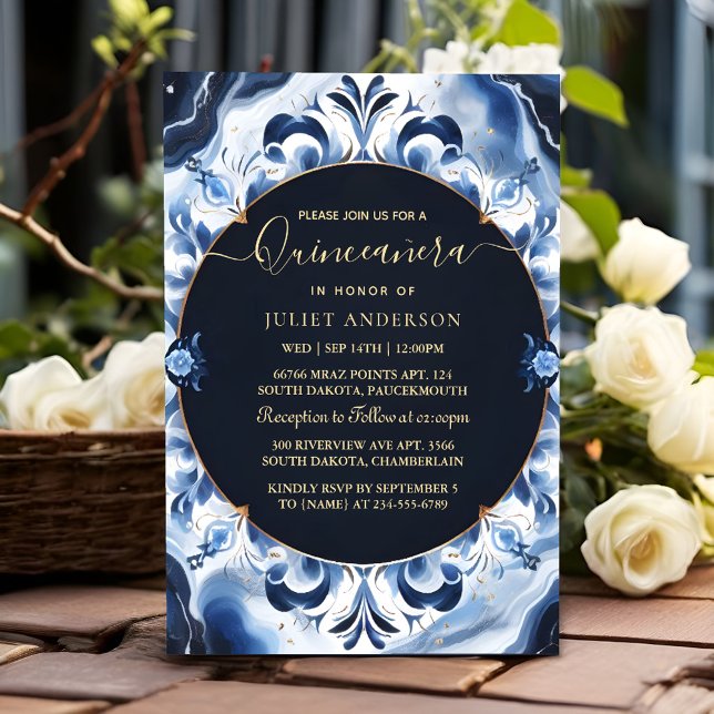Convite Ombre marfim Céu Dourado Royal Blue Quinceanera (Criador carregado)