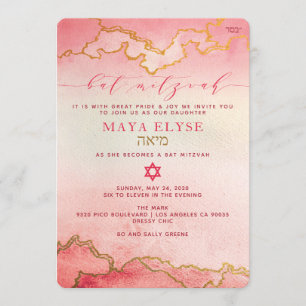 Convite Ombre Vermelho Cor de Água Elegante, Rosa, Dourad