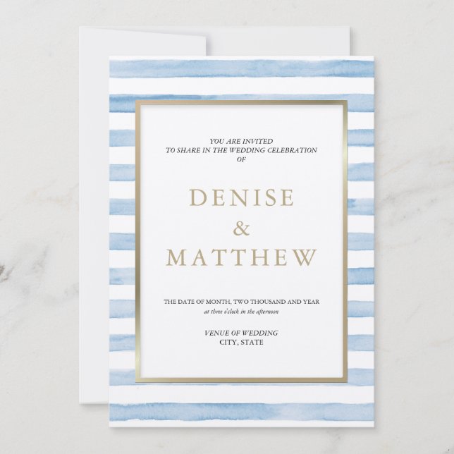 Convite Omphalodes Blue Watercolor Striper & Dourado Lette (Frente)