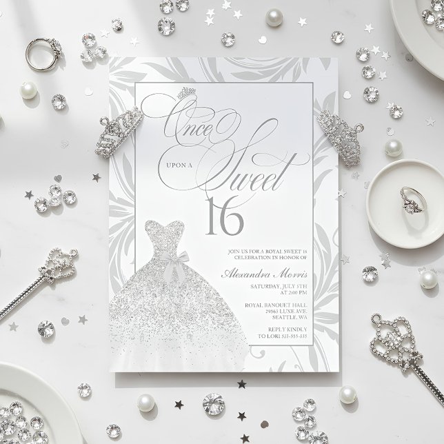 Convite Once Upon a Sweet 16 Silver Princess Birthday (Elegant Silver Princess Sweet 16 Birthday Invitation)