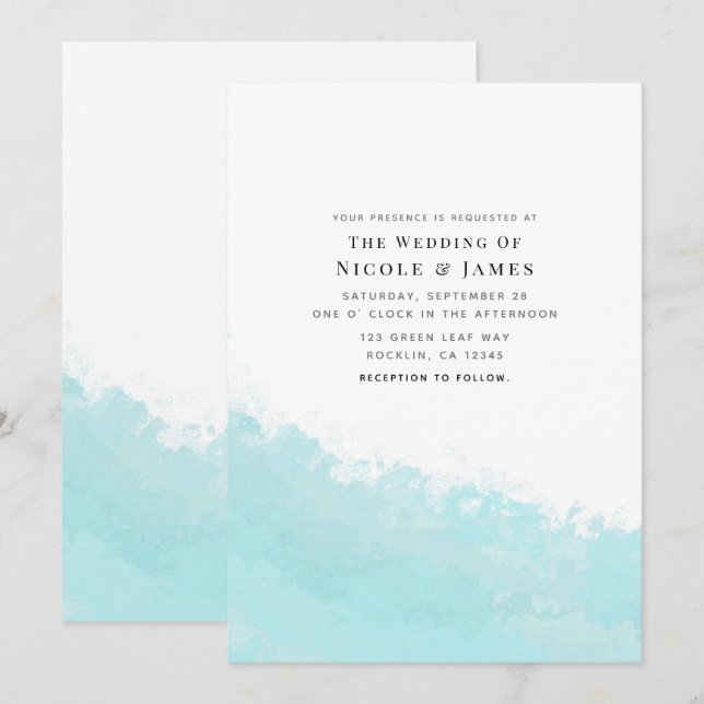 Convite Onda Azul Aqua Fresca Respingo Casamento na Praia (Frente/Verso)