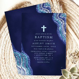 Convite Onda de Glitter Azul e Prata Batismo Aquático